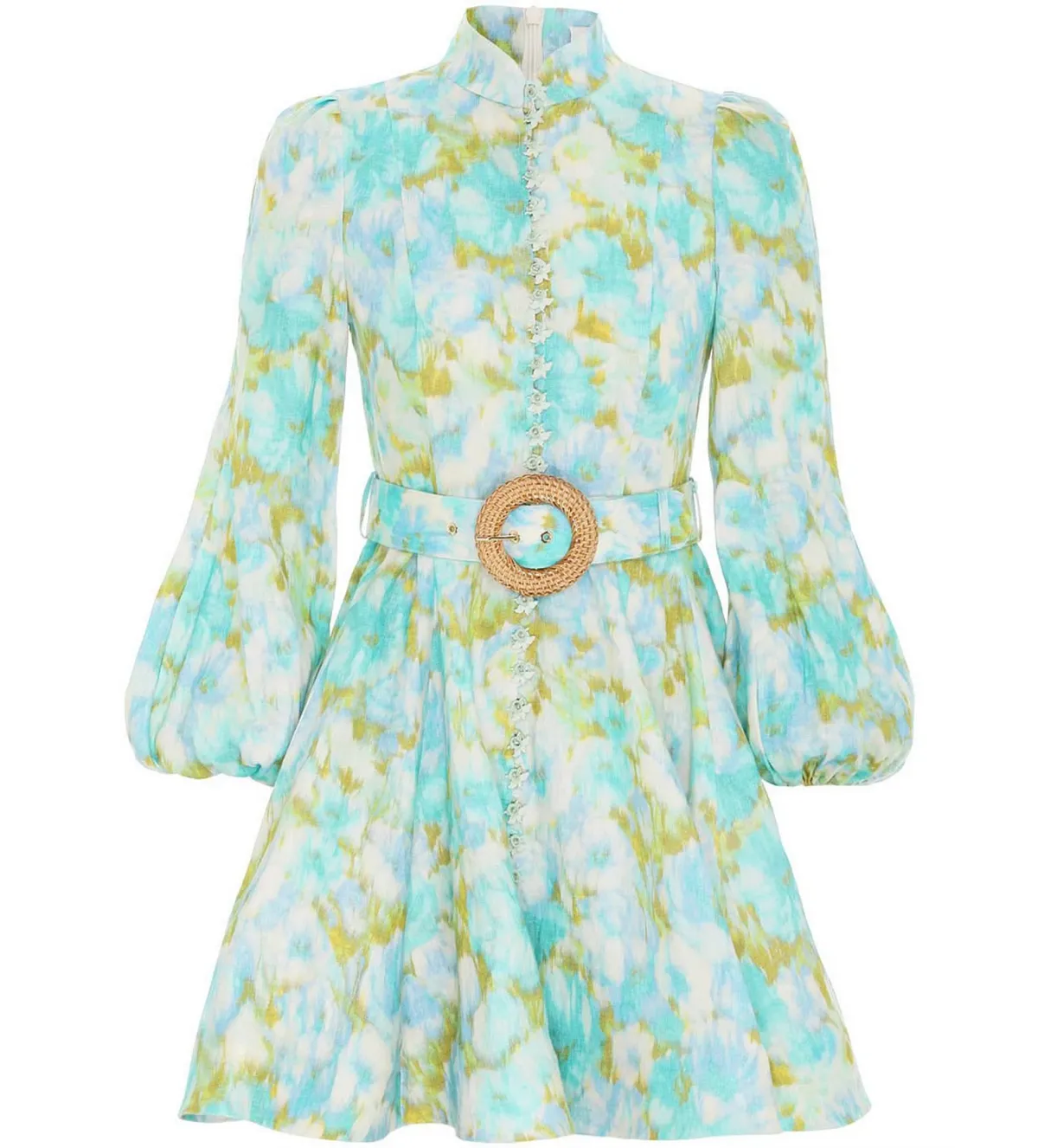 Zimmermann High Tide Buttoned Mini Dress Aqua Ikat Floral Size 0 AU 8 - Image 7