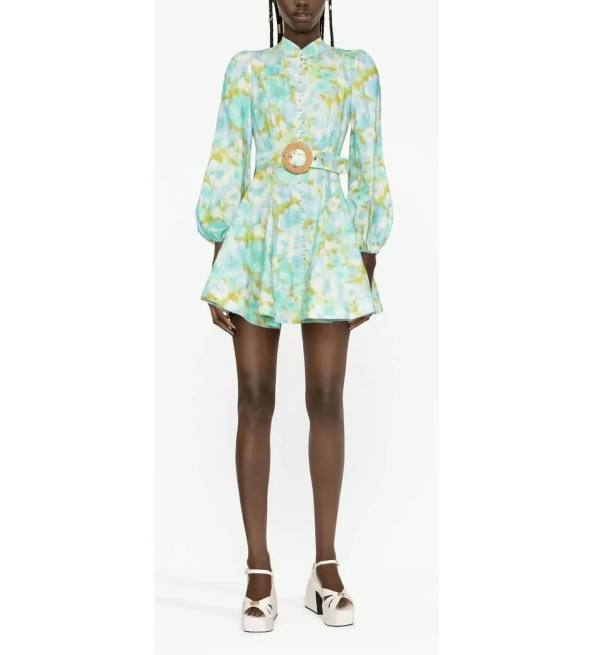 Zimmermann High Tide Buttoned Mini Dress Aqua Ikat Floral Size 0 AU 8 - Image 2