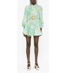 Zimmermann High Tide Buttoned Mini Dress Aqua Ikat Floral Size 0 AU 8 for rent on The Volte - image 2