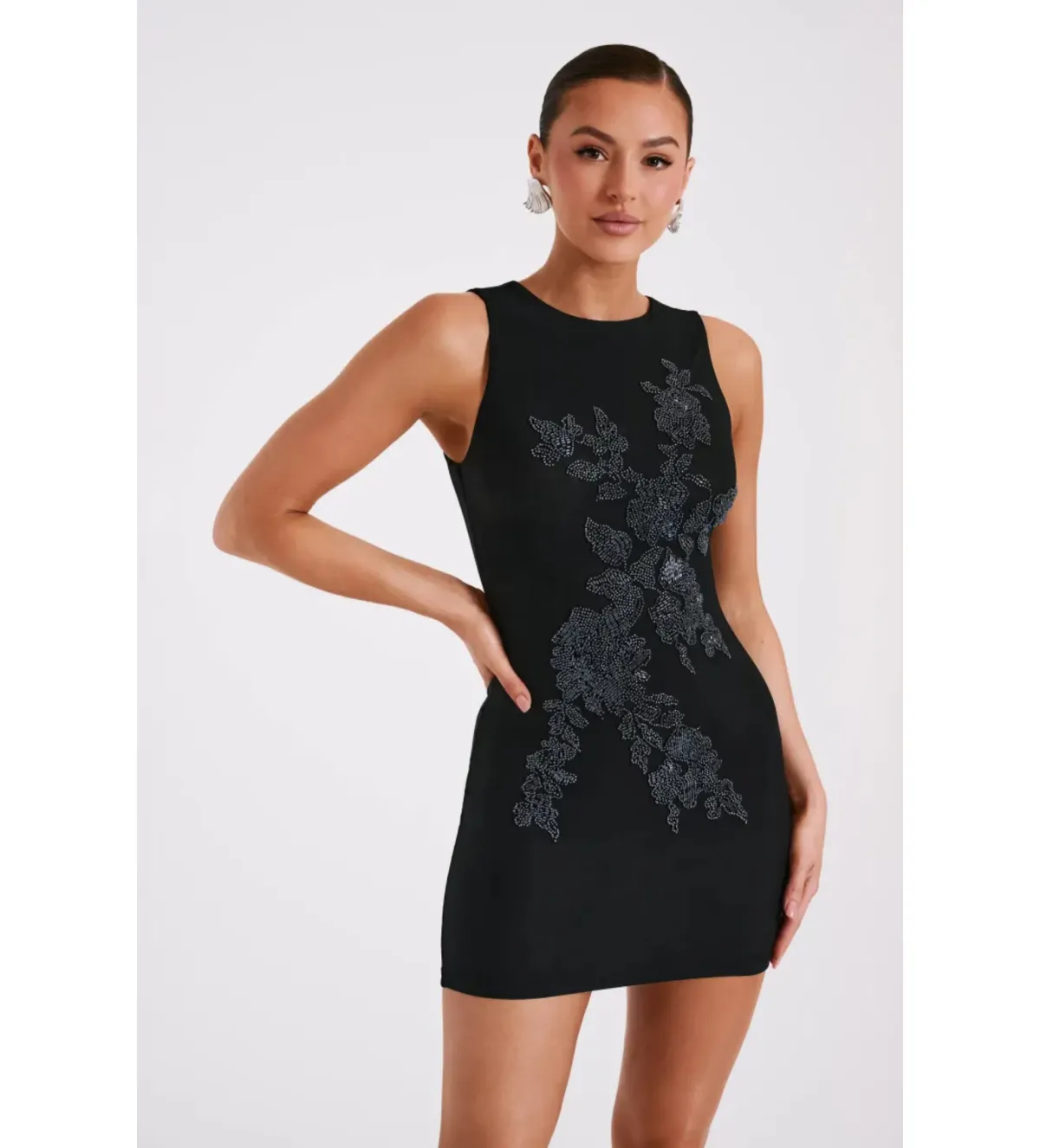 Meshki Liliana Beaded Flower Mesh Mini Dress in Black Size AU 4 - Image 2