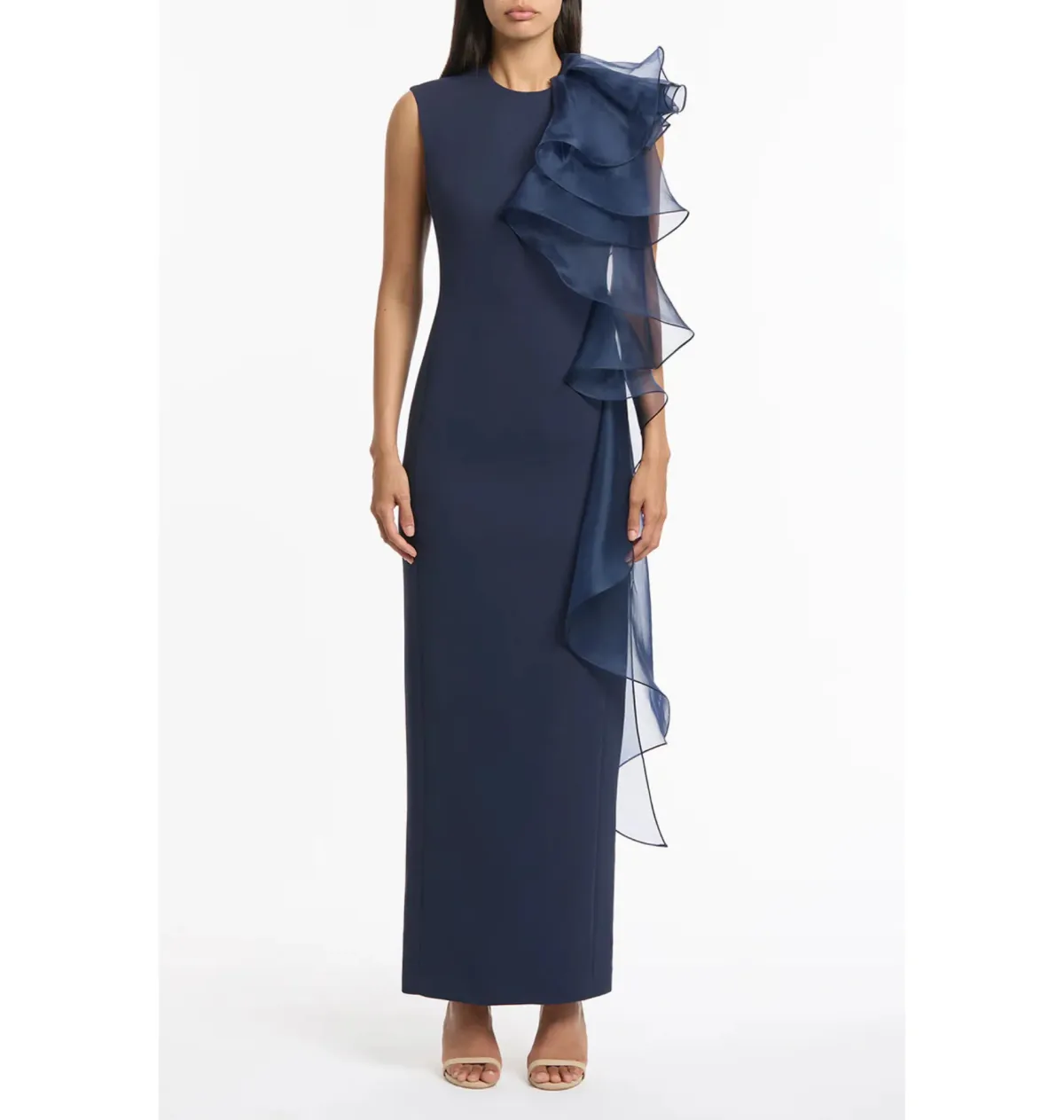 Carla Zampatti Crepe Ruffle Shoulder Gown Navy Size 12 - Image 1