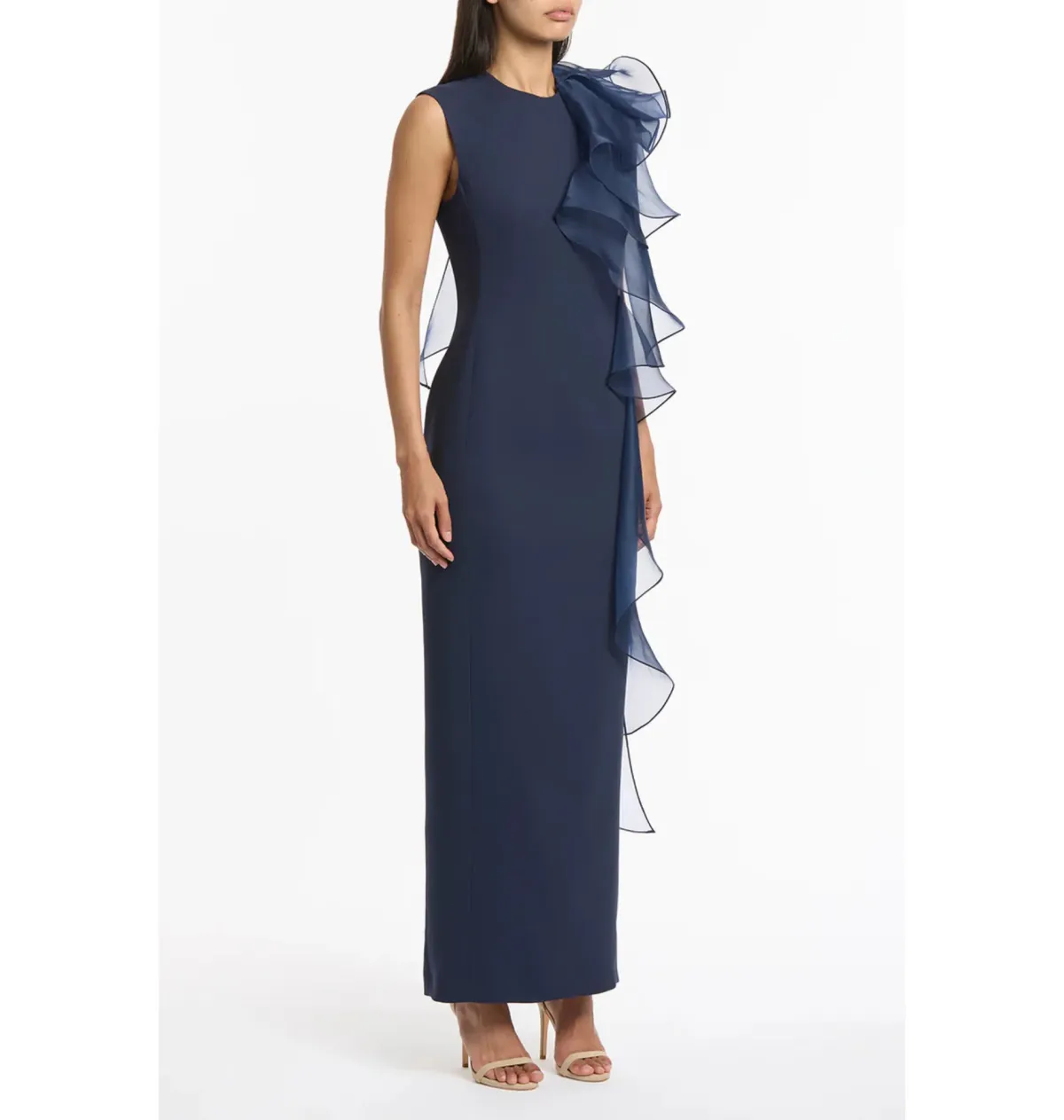 Carla Zampatti Crepe Ruffle Shoulder Gown Navy Size 12 - Image 2