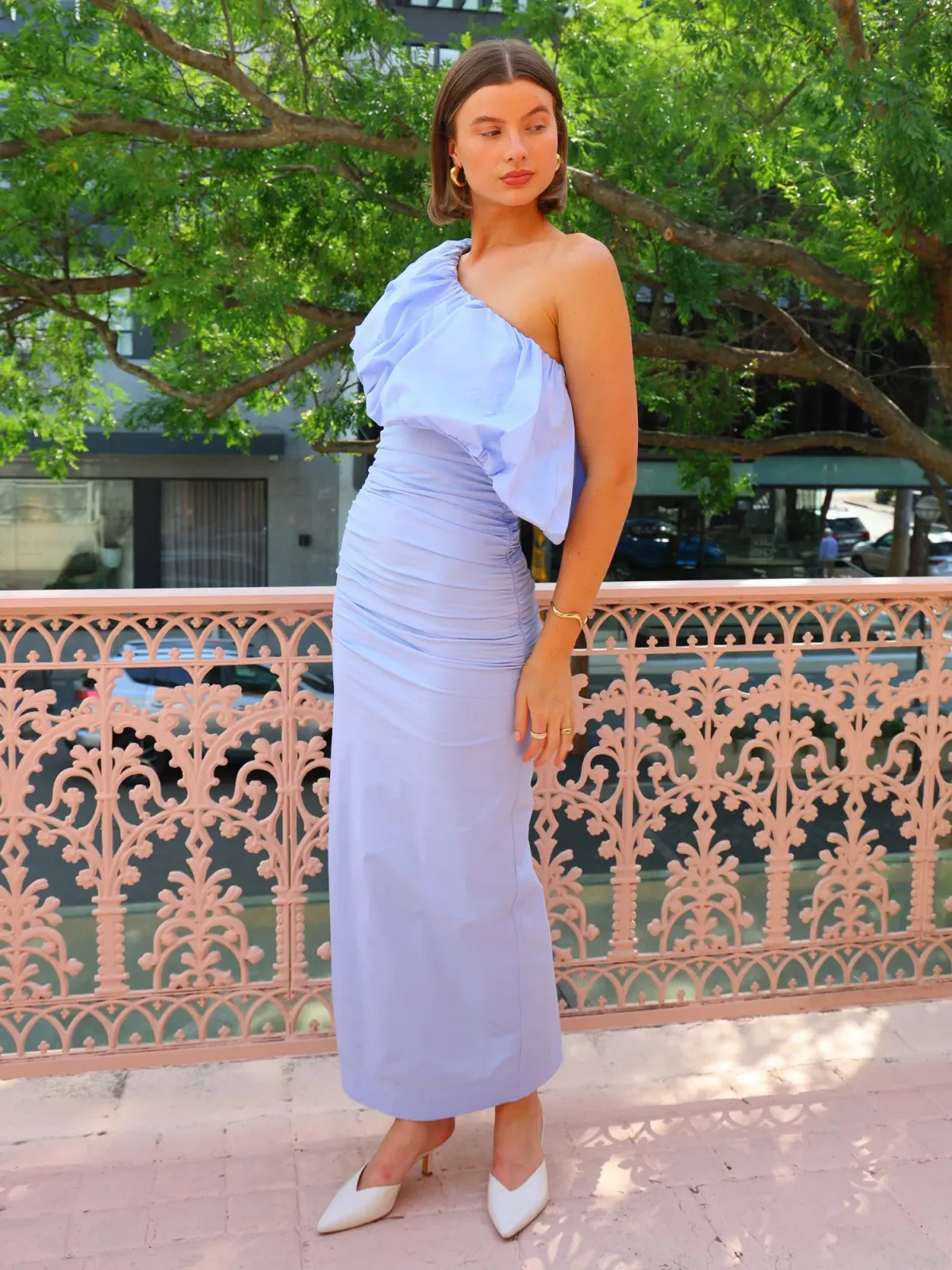 By Nicola Maya Bubble Frill Maxi Dress In Cornflower Blue Size AU 12 - Image 4