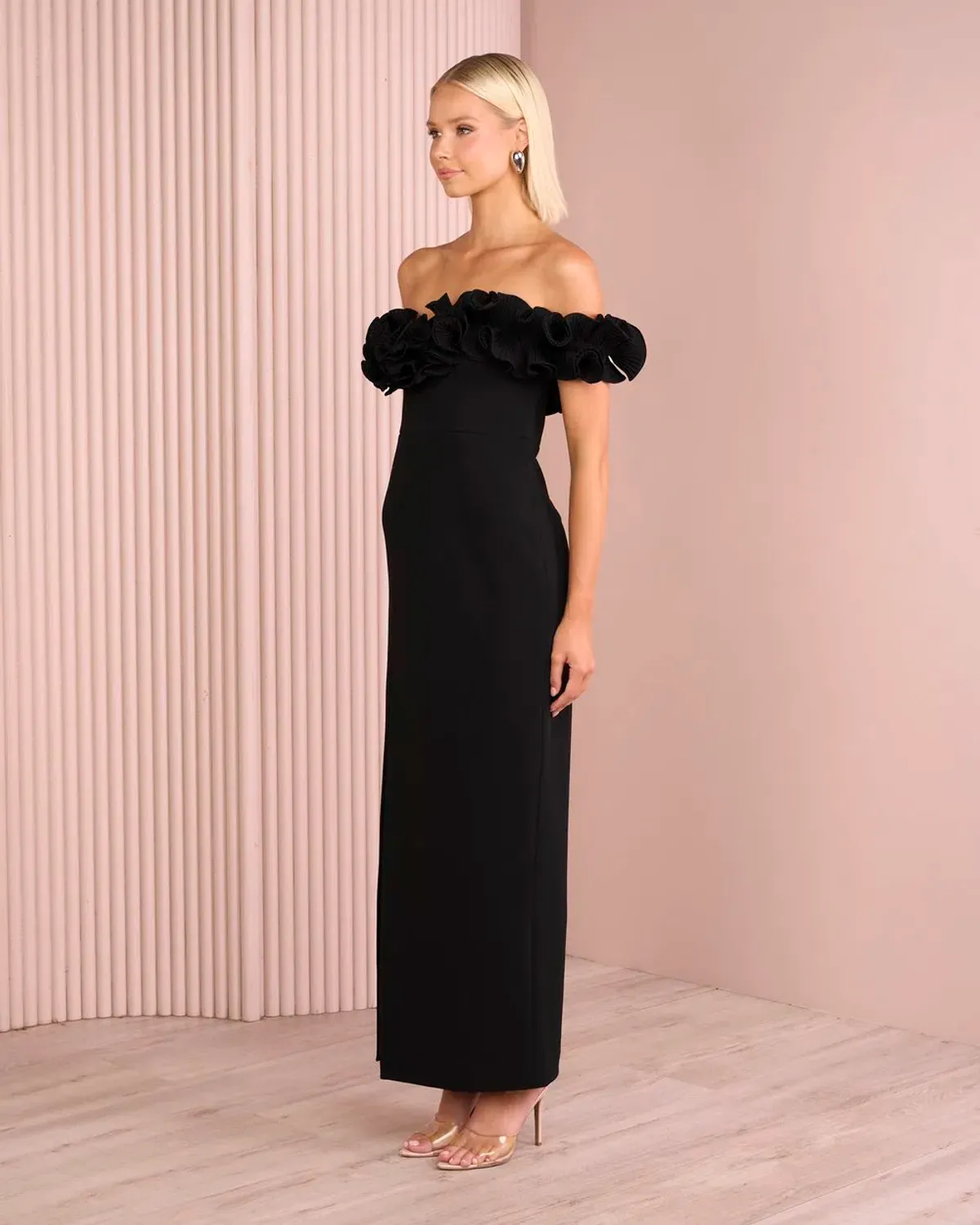 Elle Zeitoune Farley Frill Off Shoulder Maxi Gown Black Size AU 10 - Image 3