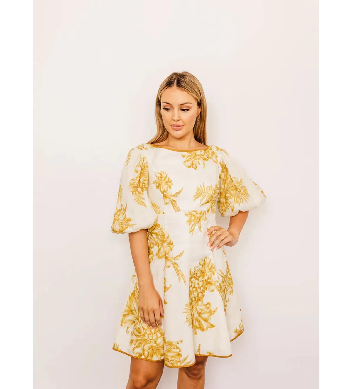 Zimmermann Empire Linen Puff Sleeve Mini Dress in Gold Size 0 /AU 8 - Image 1