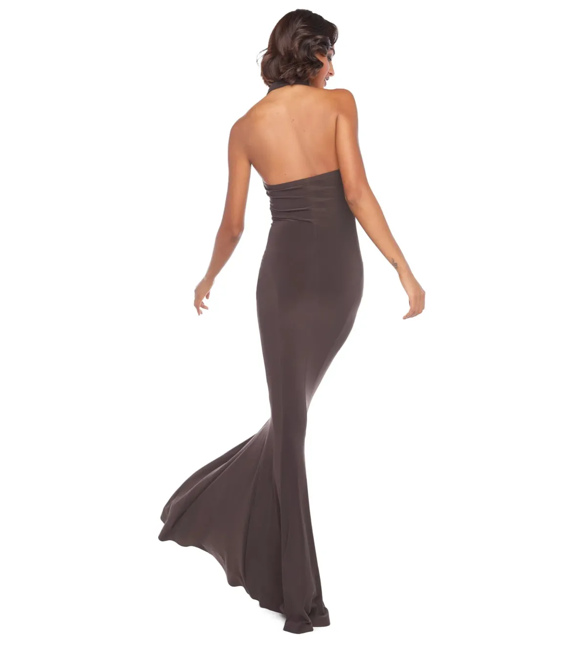 Norma Kamali Halter Turtle Fishtail Gown Chocolate Size AU 8 - Image 5