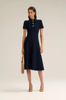 Scanlan Theodore Crepe Knit Poppy Shirt Midi Dress in Navy Size 10 for rent on The Volte - image 1