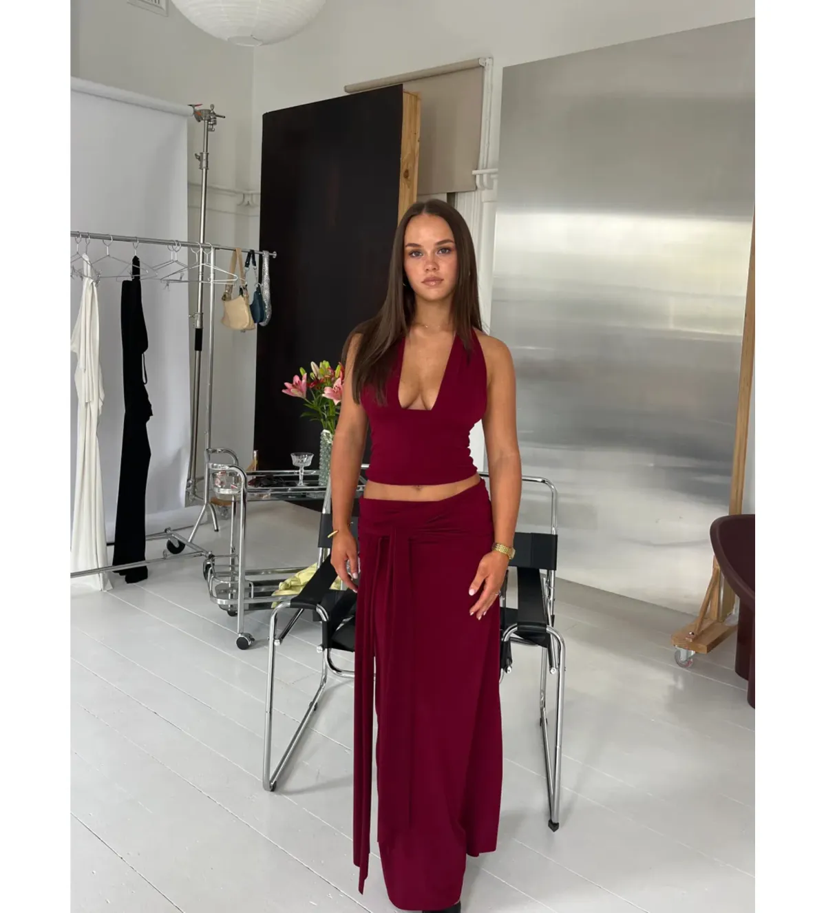 LaMarie Sofia Halter Top and Low Rise Sash Maxi Skirt Set Wine Size S/ 8 - Image 1