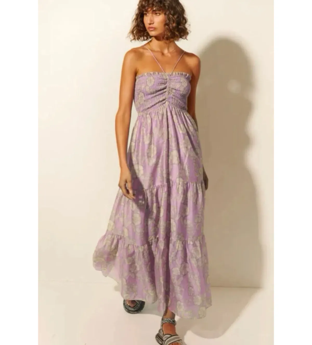 Kivari Elzette Tiered Midi Dress Lilac Floral Size 10 - Image 1