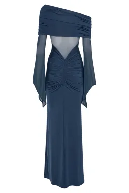 MESHKI Kaitlin One Shoulder Slinky And Mesh Maxi Dress Midnight Blue Size S / Size AU 8 for rent on The Volte - image 5