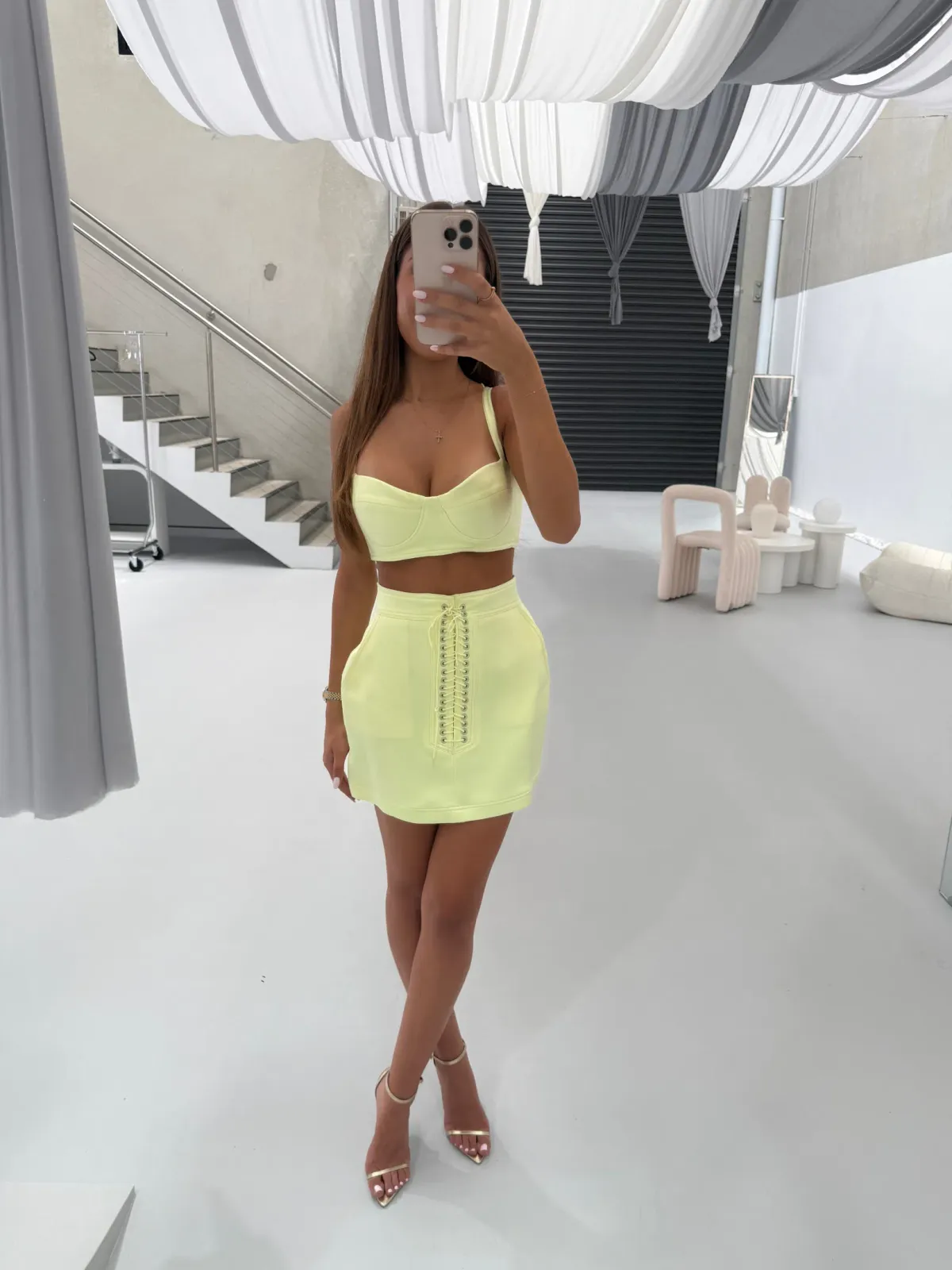 Alex Perry Dana Bra and Spencer Mini Skirt Set Yellow Size AU 6 - Image 1