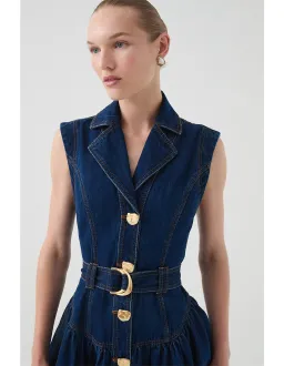 Aje Elena Belted Denim Mini Dress in Dark Classic Wash Size 10/M for rent on The Volte - image 4