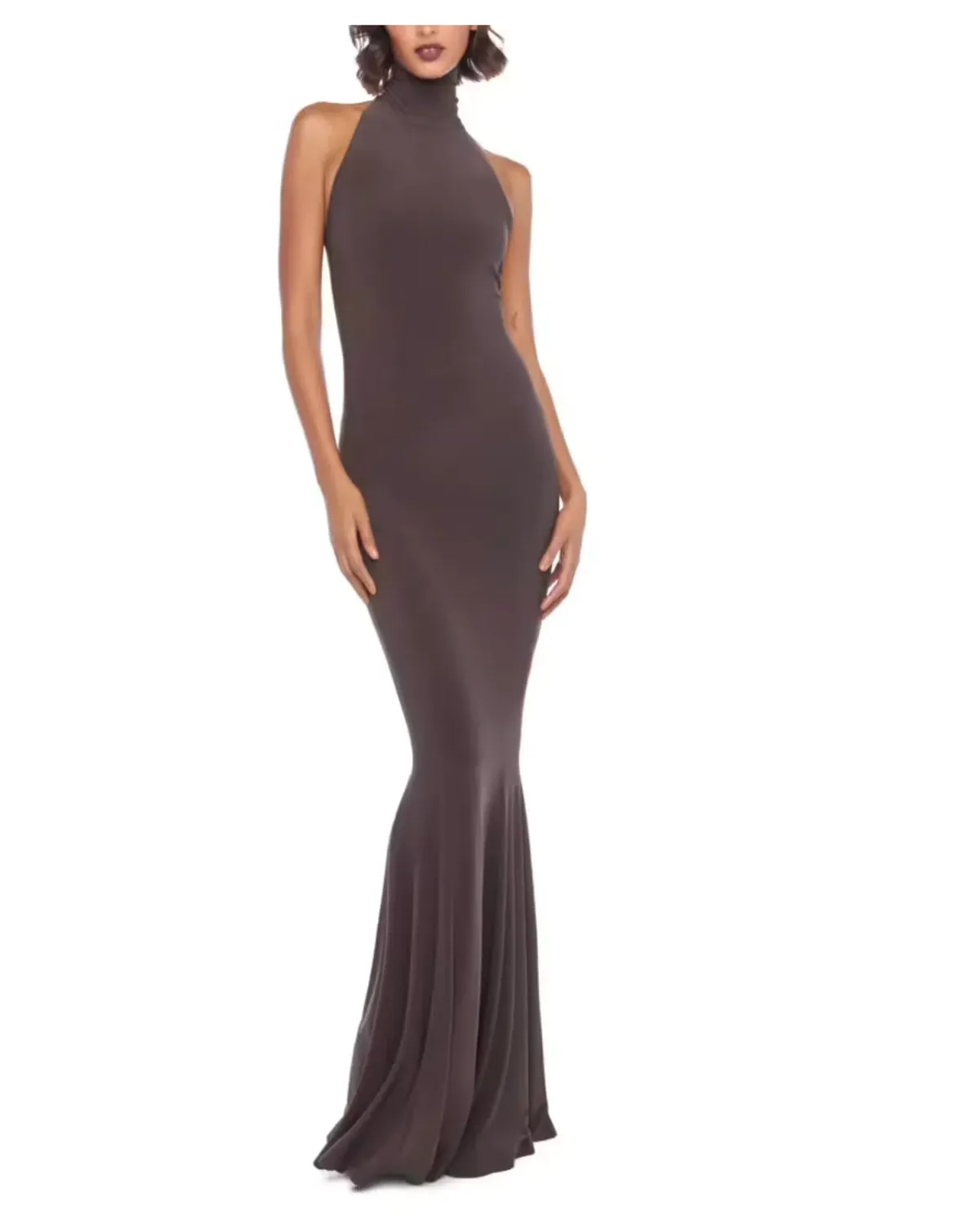 Norma Kamali Halter Turtle Fishtail Gown Brown Size 8 - Image 1