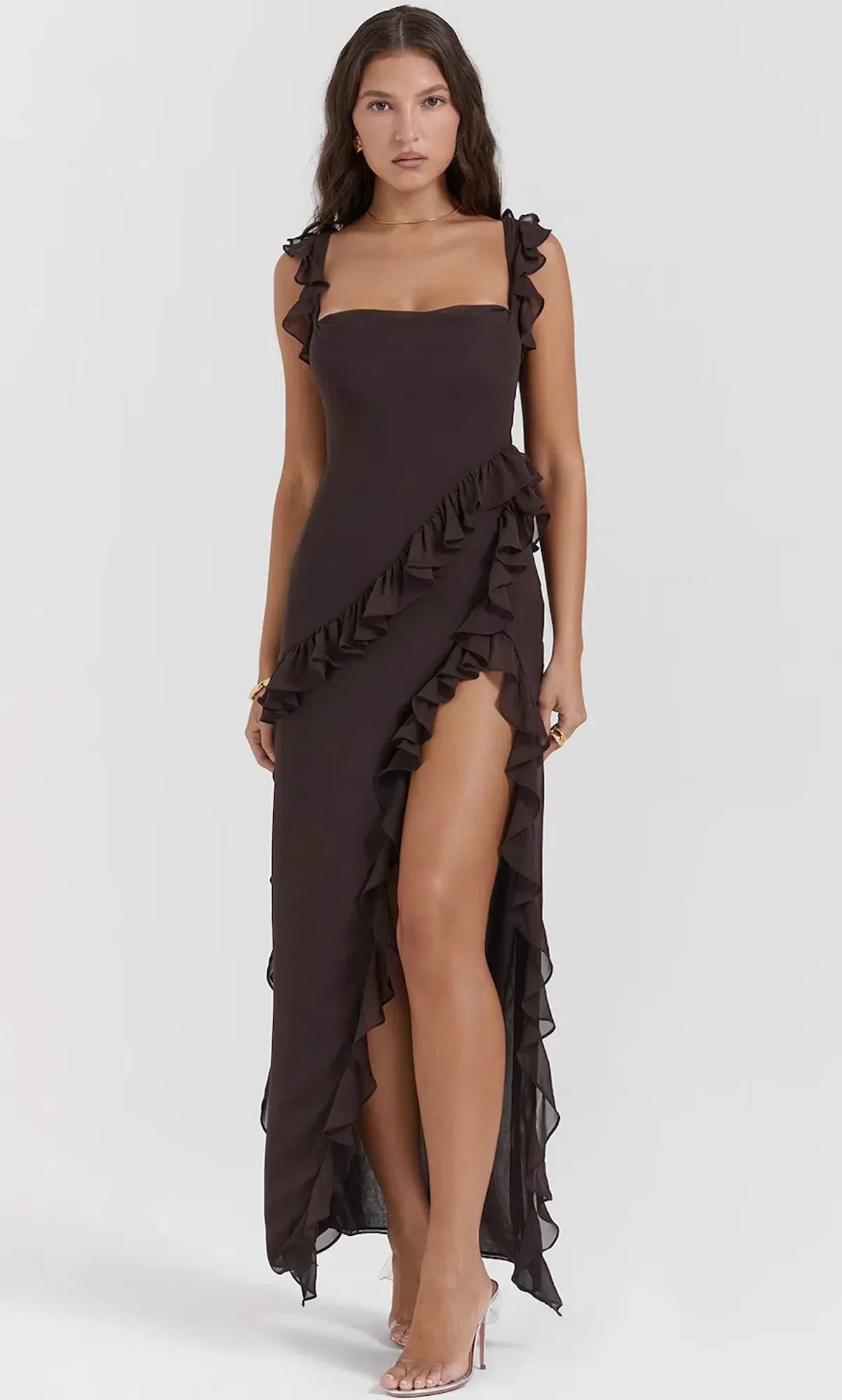 House of CB Ariela Espresso Ruffle Maxi Dress Size L / AU 12 - Image 1