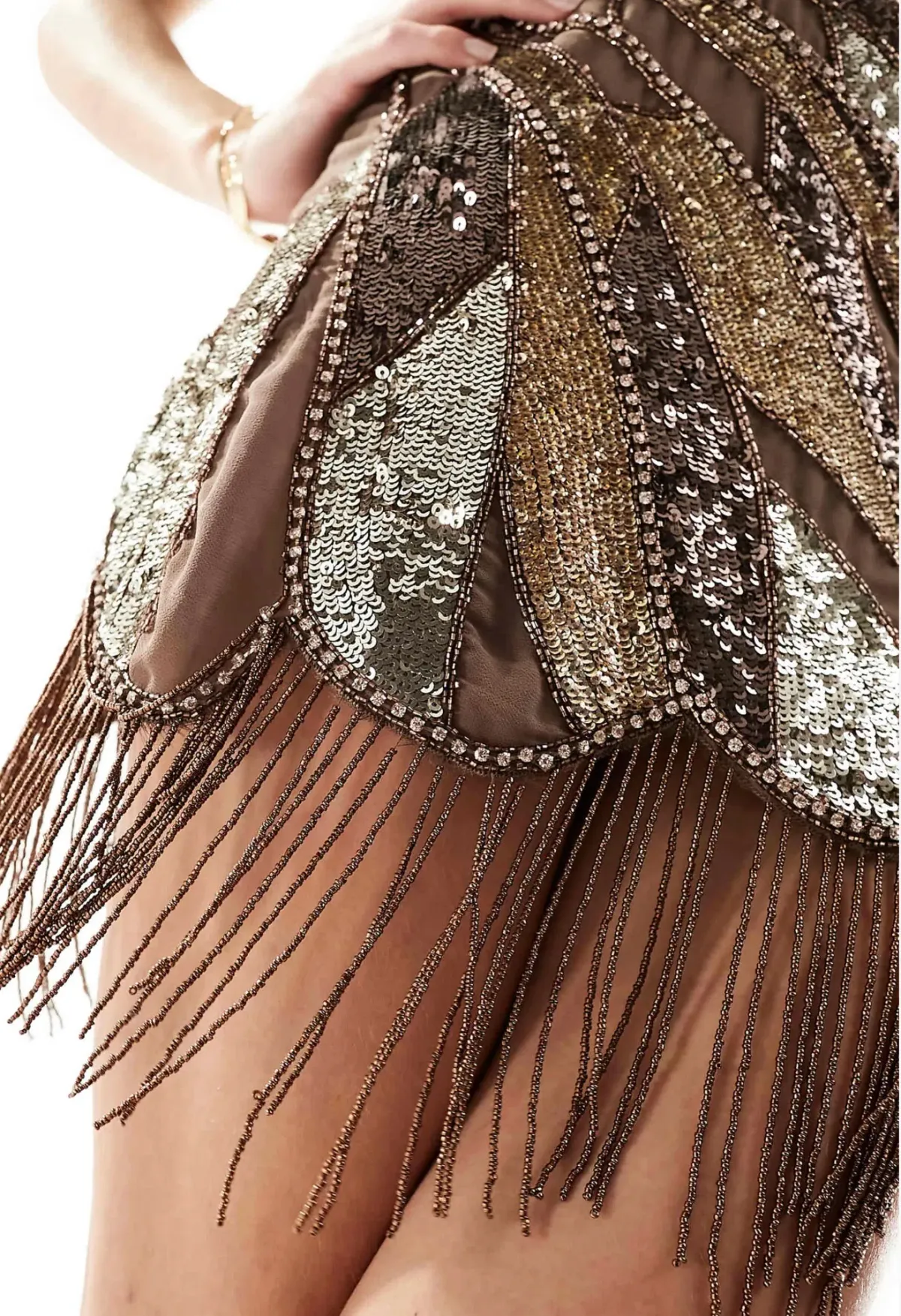 ASOS Design Embellished Wrap Mini Dress Fringe Beaded Hem Chocolate Size AU 6 - Image 3