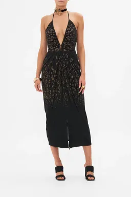 Camilla Mosaic Muse V Neck Gathered Jersey Dress Midi Black (XL/AU16) for rent on The Volte - image 1
