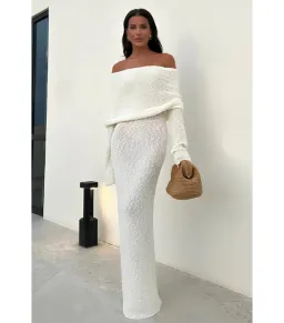 Meshki Marisol Off Shoulder Boucle Maxi Dress in Ivory Size XS / AU 6 for rent on The Volte - image 1