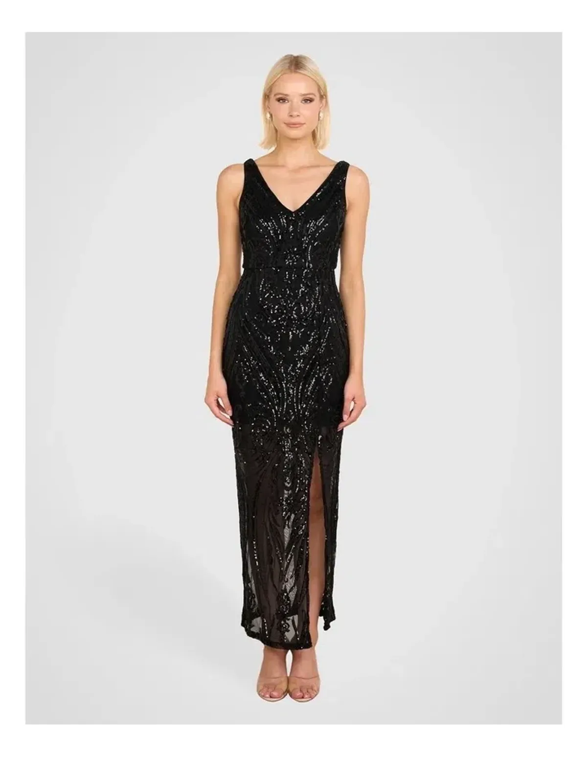 Pilgrim Saige V Neck Sequin Gown in Black Size 14 - Image 1