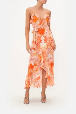 Camilla Long Wrap Dress With Frill Orange Print Size L / AU 14 for rent on The Volte - image 1