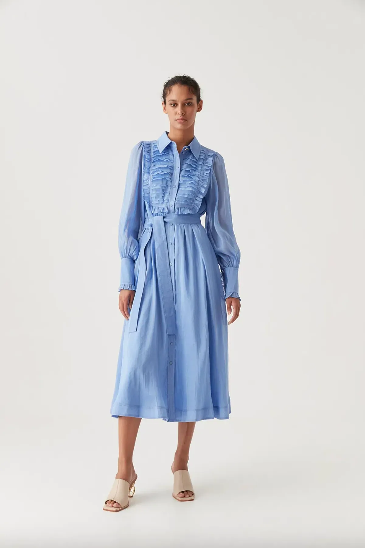 Aje Iris Pleated Bib Midi Dress Mist Blue Size AU 10 - Image 1