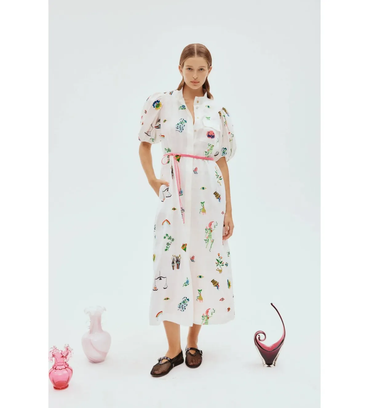 Alemais Atticus Embroidered Midi Shirtdress White Print Size AU 12 - Image 1