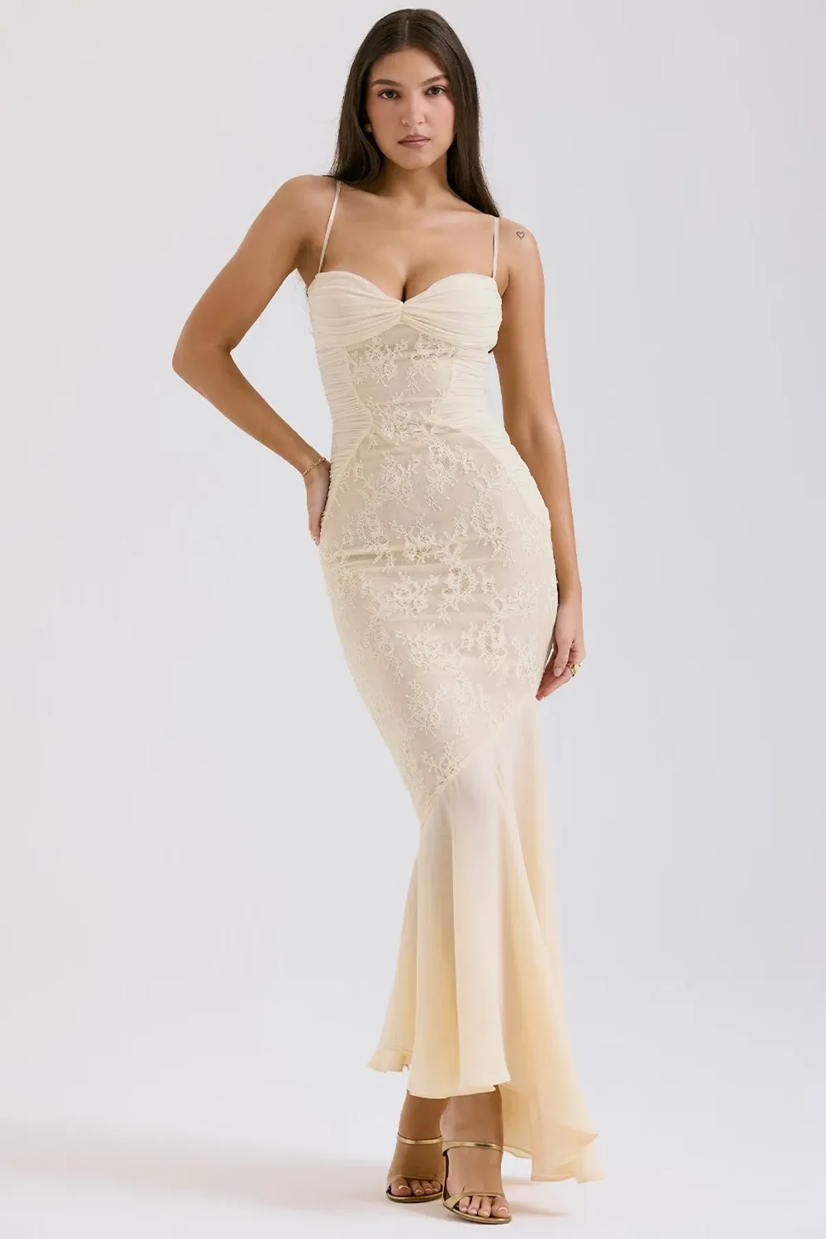 House of CB Felicia Chiffon Lace Maxi Gown in Vanilla Size XS / AU 6 (Regular Cup) - Image 1