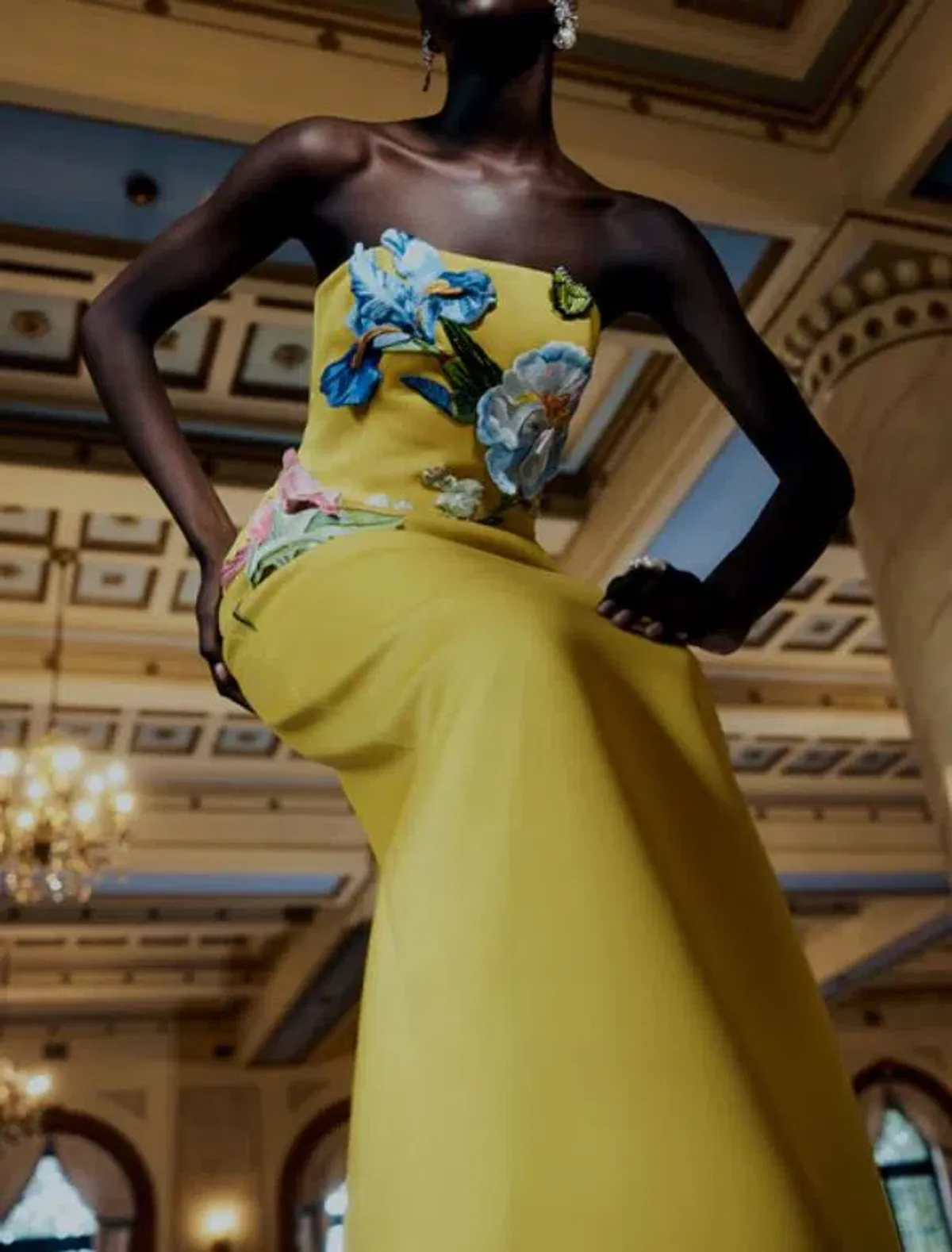 Leo Lin Rayna Applique Floral Bustier Midi Dress in Mustard Size 8 - Image 5