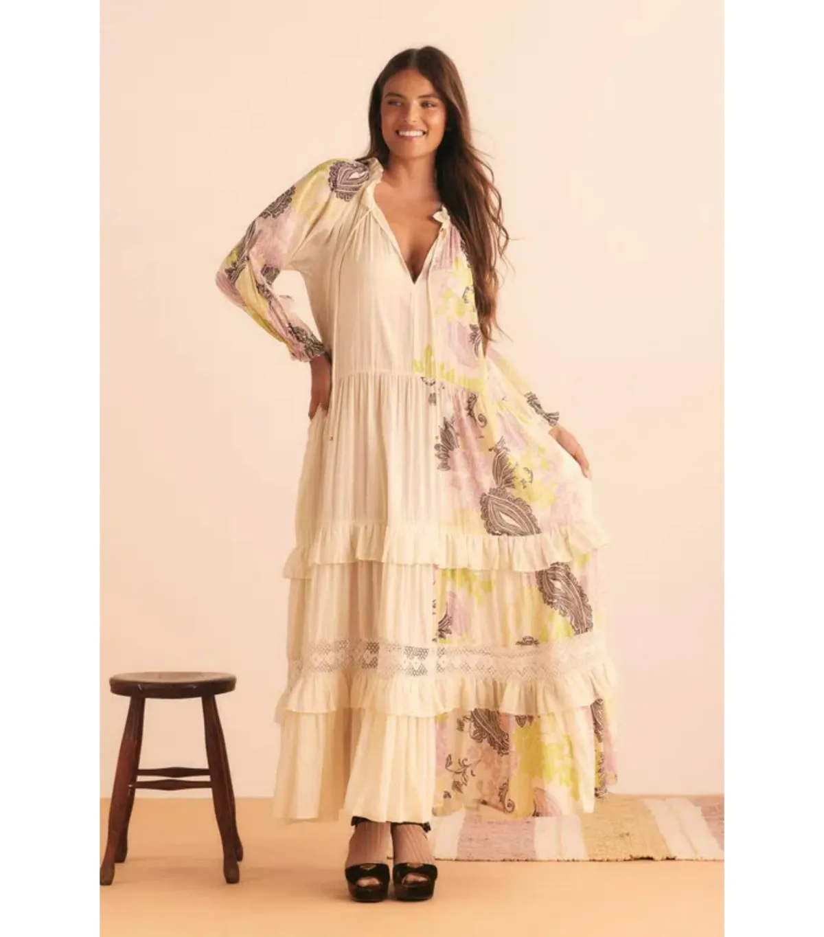 Bohemian Traders Castello Ruffle Maxi Dress Cream Size AU 8 - Image 1