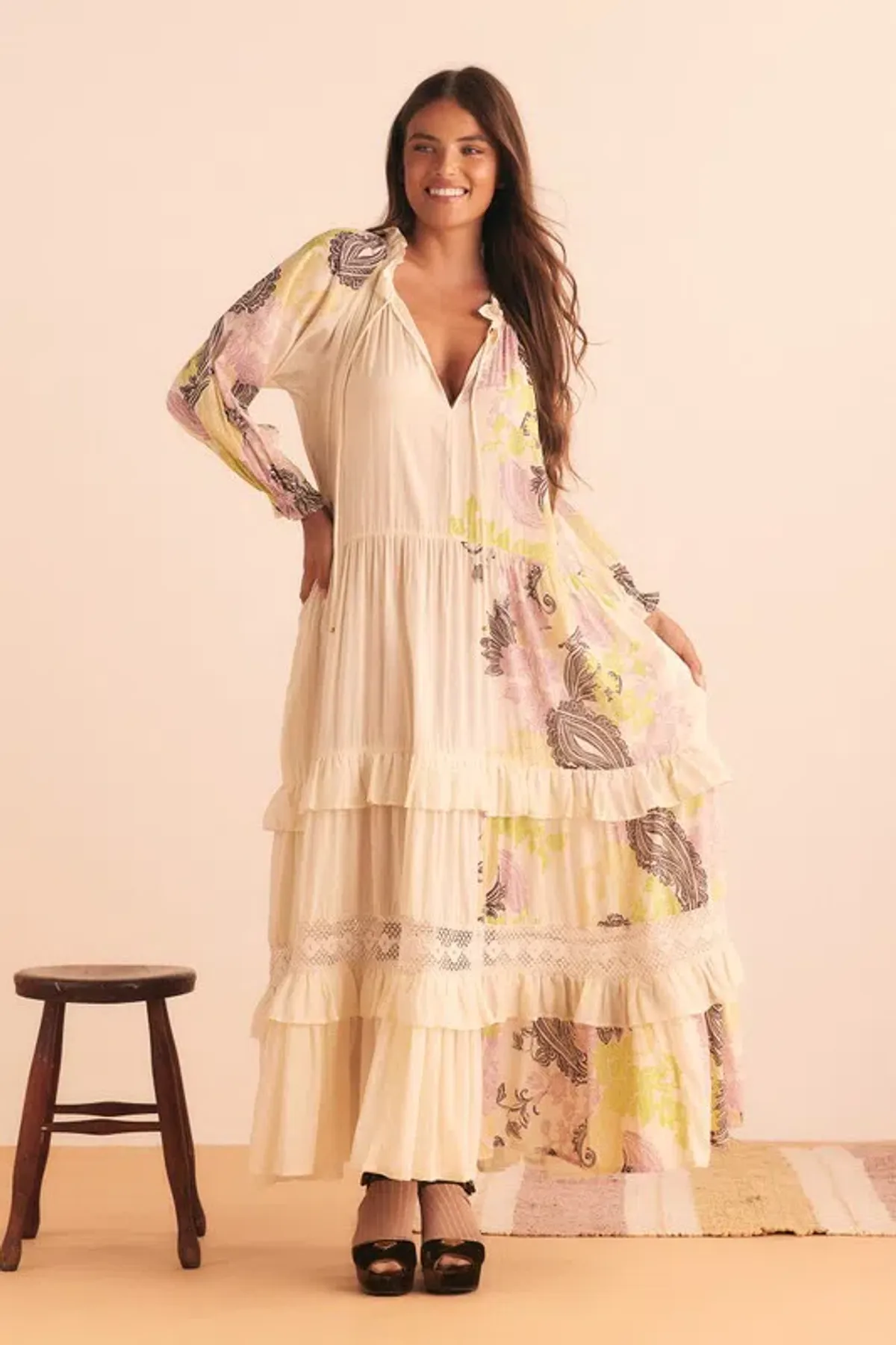 Bohemian Traders Castello Ruffle Maxi Dress Cream Size 12 - Image 1