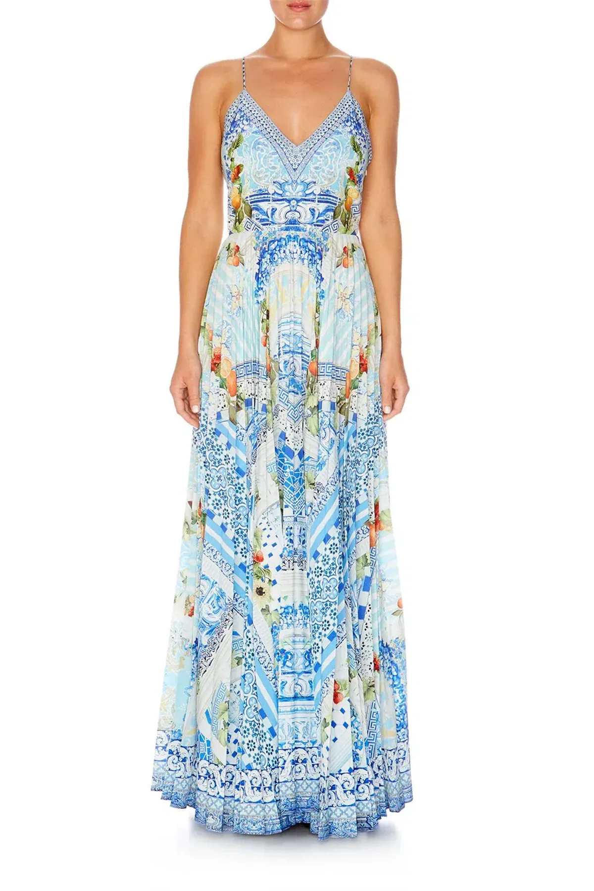 Camilla A Night To Remember Crystal Embellished Printed Blue Silk Maxi Dress Size M / AU 12 - Image 1