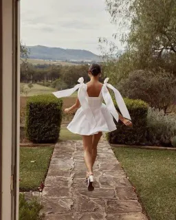 Dissh Aisle Linen Bow Tie Shoulder Mini Dress White Size AU 10  for rent on The Volte - image 3