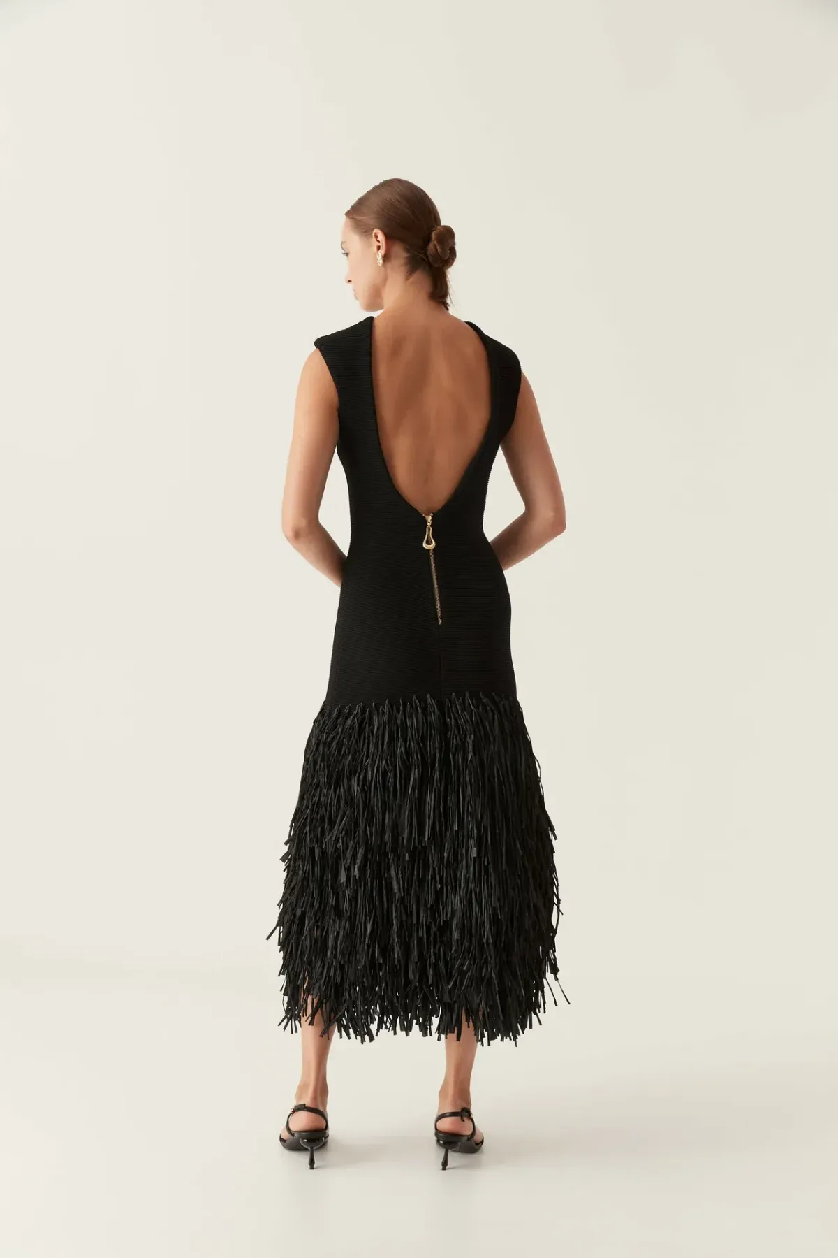 Aje RUSHES RAFFIA KNIT MIDI DRESS BLACK size 6 - Image 3