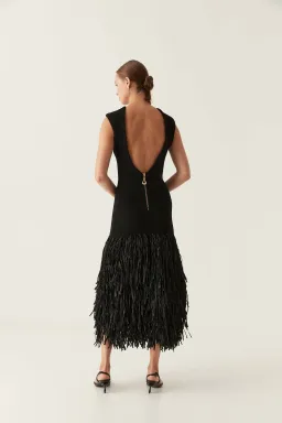 Aje RUSHES RAFFIA KNIT MIDI DRESS BLACK size 6 for rent on The Volte - image 3