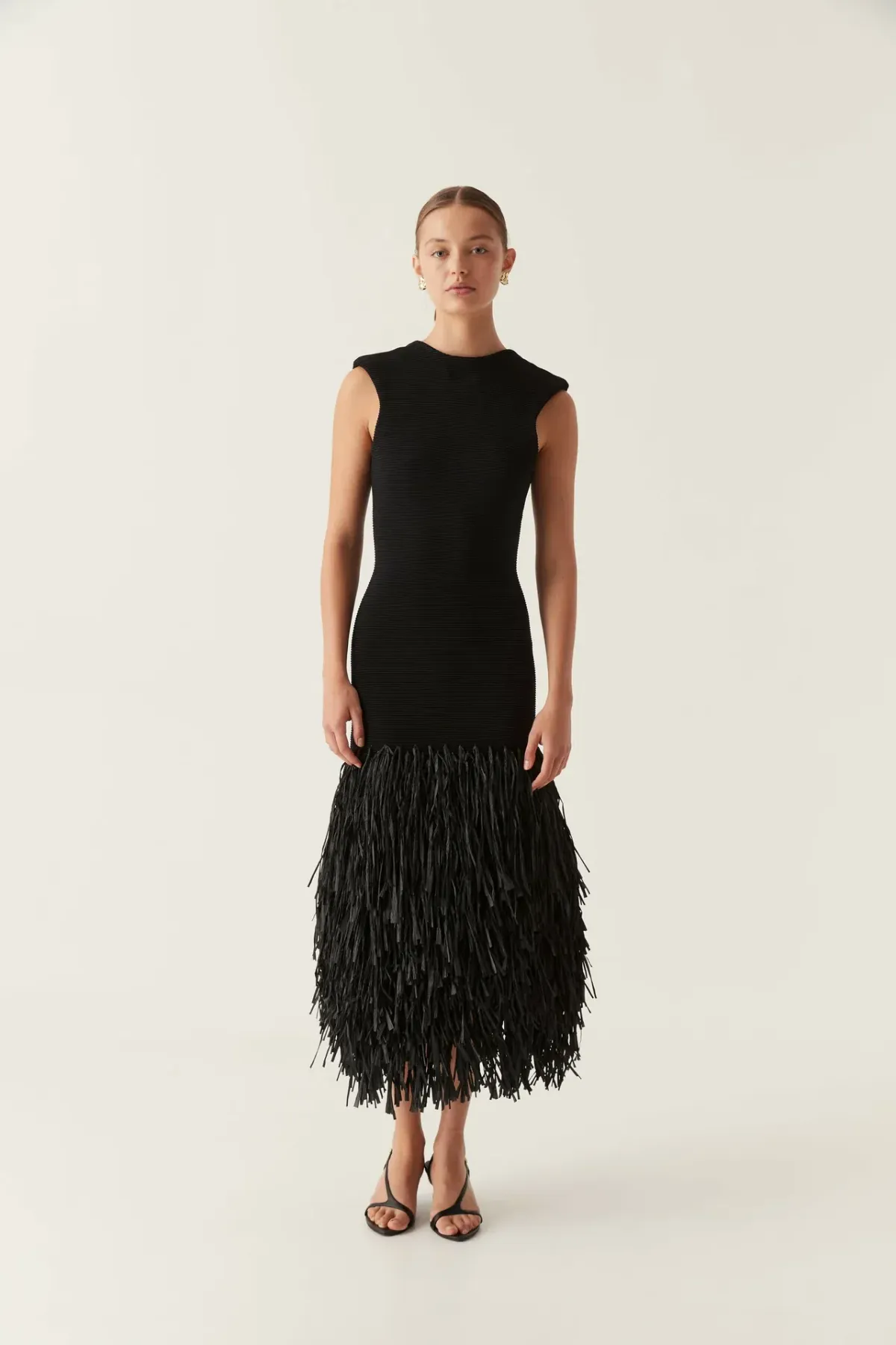 Aje RUSHES RAFFIA KNIT MIDI DRESS BLACK size 6 - Image 1