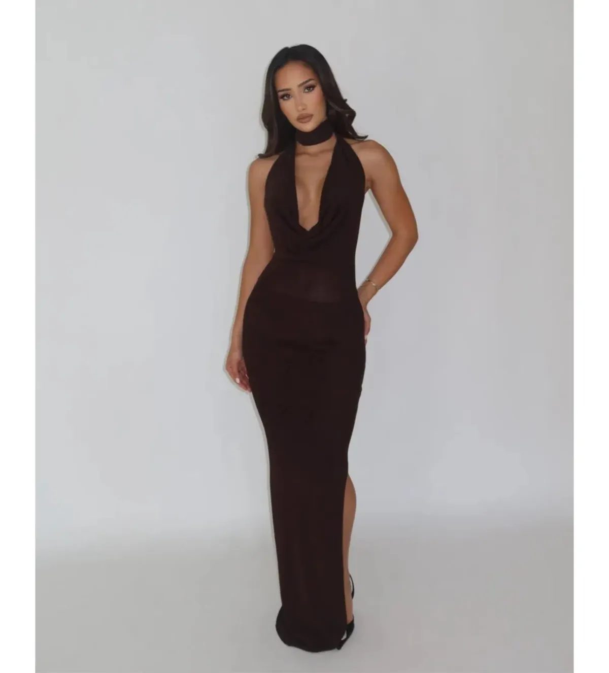 Aya Muse Halter Neck Draped - Elegant Open Back Maxi Dress Brown Size AU 6 - Image 1