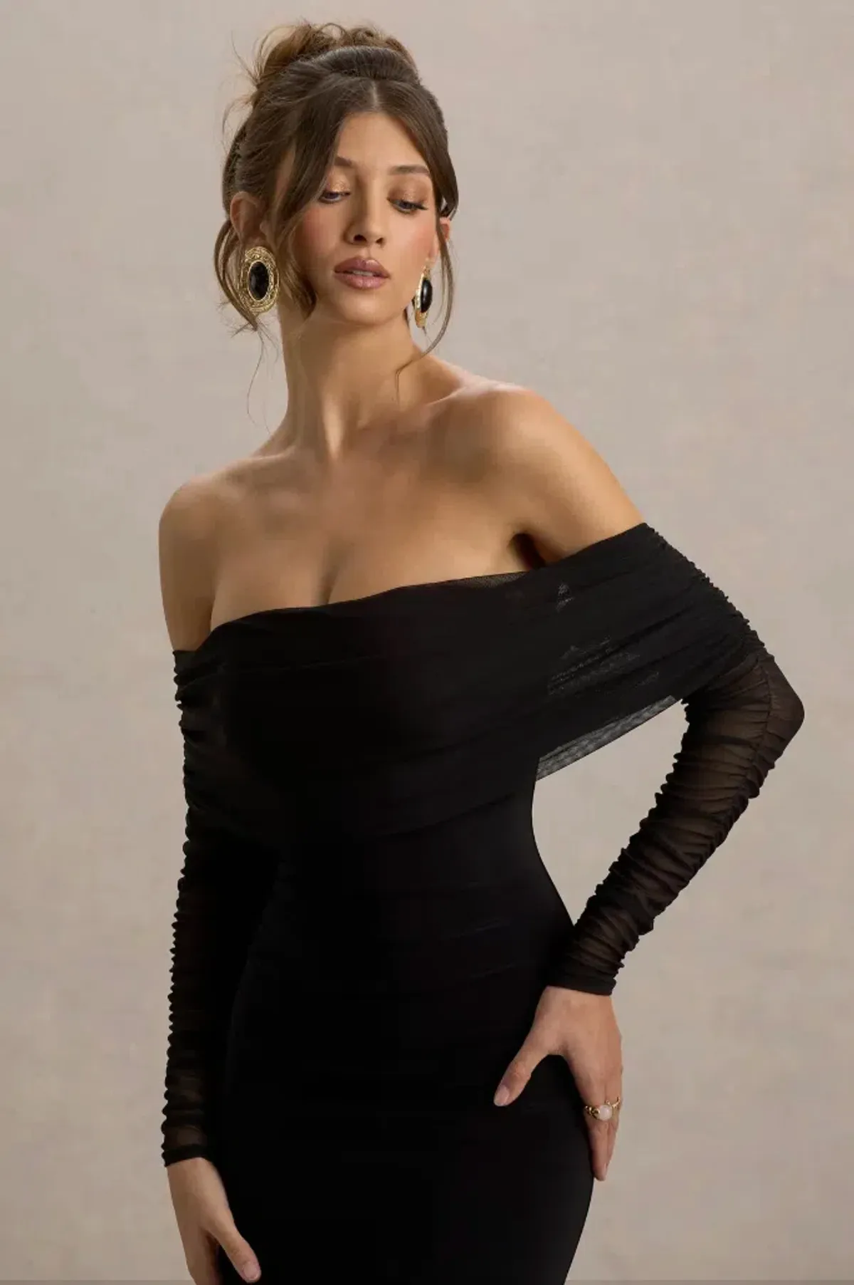 Club L London Madeleine Black Fishtail Maxi Dress With Bardot Mesh Black Size 6 - Image 3