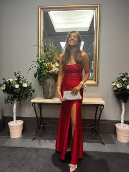 Lavro Couture Dresses Elegant Tie Up Back Satin Gown with Split  Maxi Dress in Red Size AU 6 for rent on The Volte - image 2