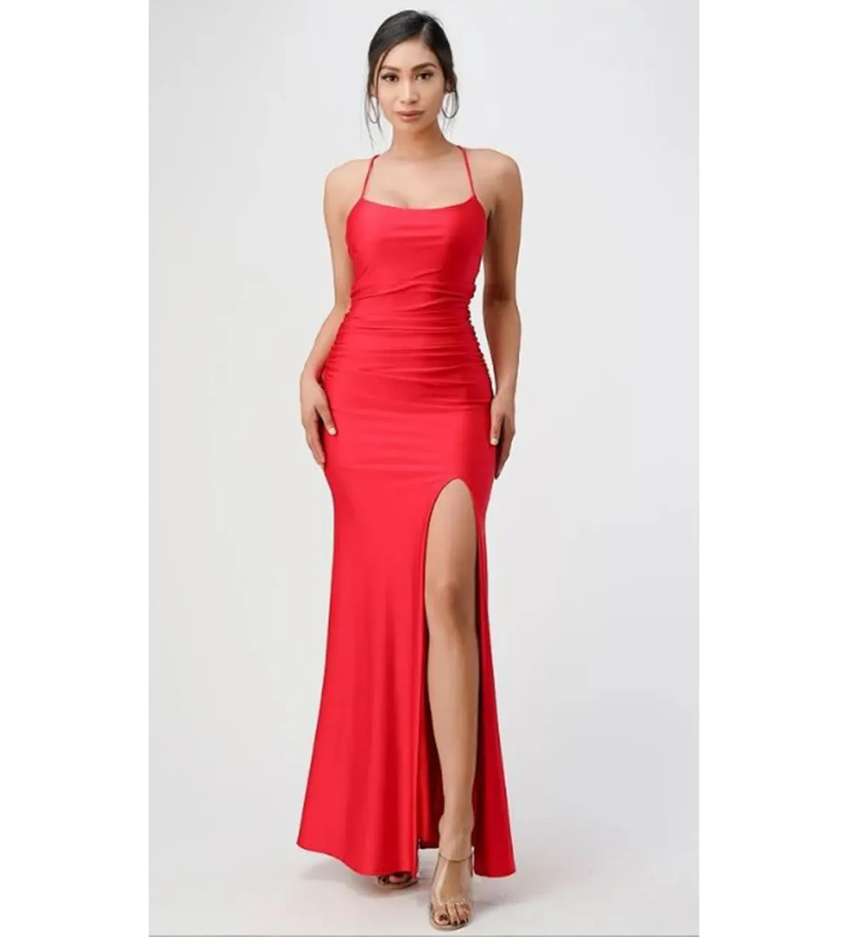 Lavro Couture Dresses Elegant Tie Up Back Satin Gown with Split  Maxi Dress in Red Size AU 6 - Image 1