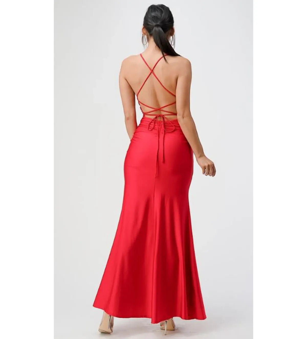 Lavro Couture Dresses Elegant Tie Up Back Satin Gown with Split  Maxi Dress in Red Size AU 6 - Image 3