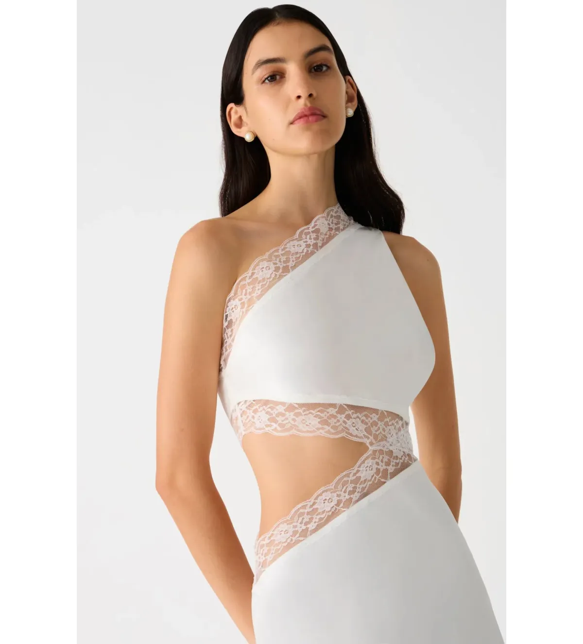 Misha Jillian Asymmetric Lace Gown in Ivory Size 12/L - Image 3