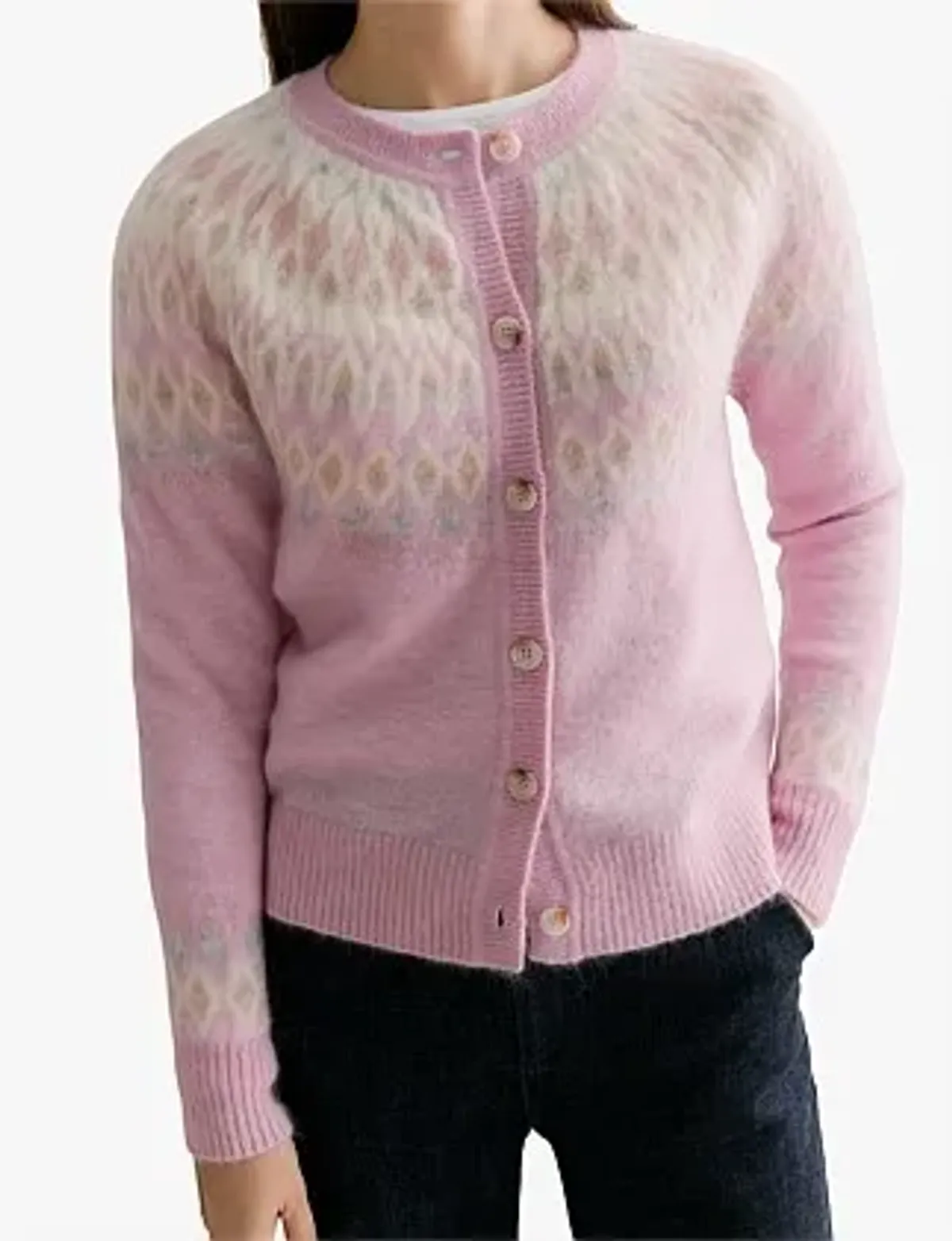 Trenery Fair Isle Jacquard Crew Cardigan in Pink Size L/14 - Image 7