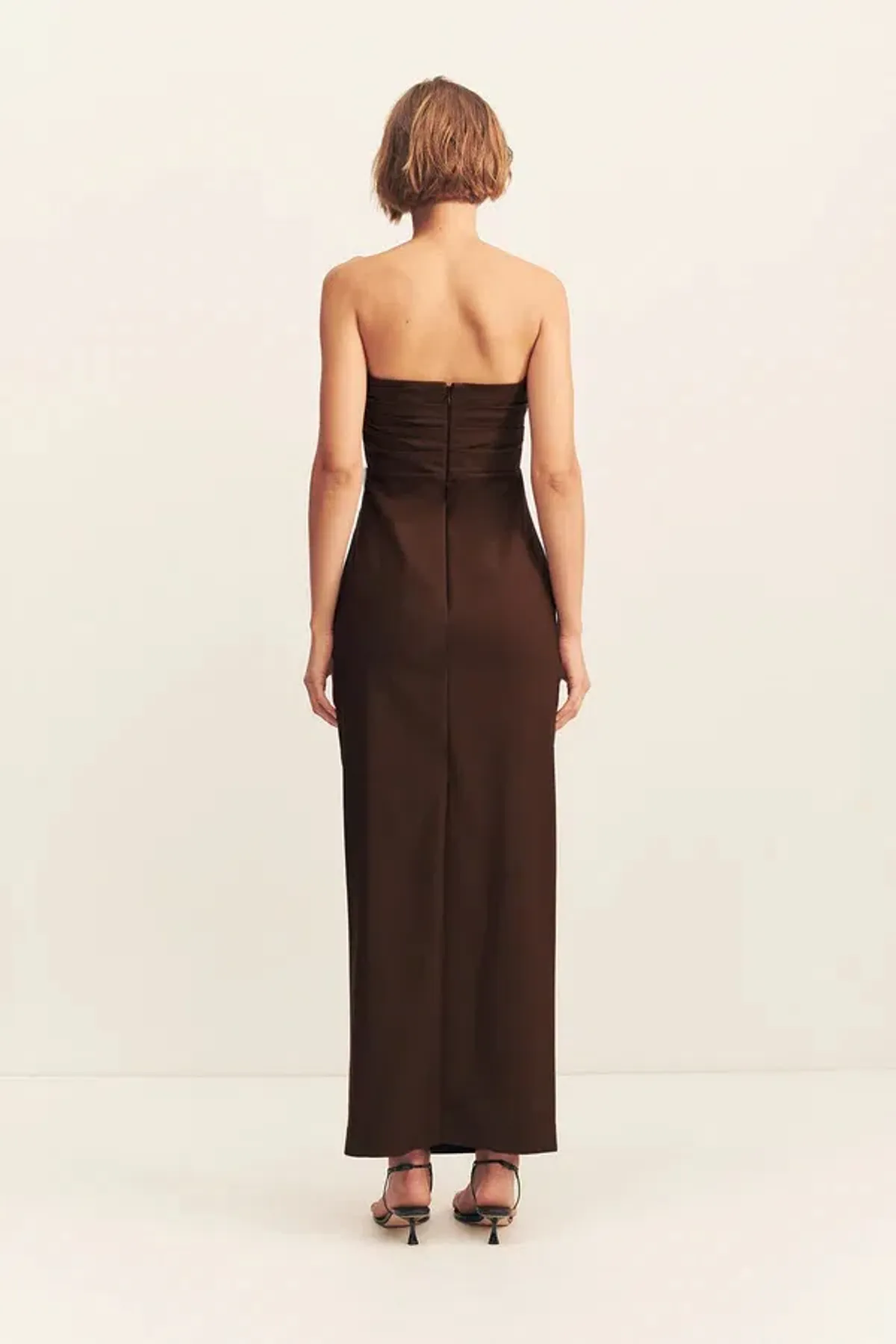 Shona Joy Lani Strapless Draped Maxi Dress Espresso Size AU 14 - Image 4