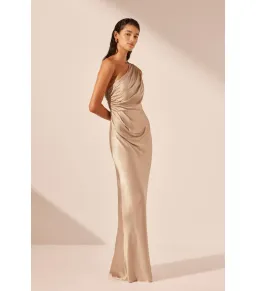 Shona Joy La Lune Gathered One Shoulder Maxi Dress Gold Size AU 16 for rent on The Volte - image 2