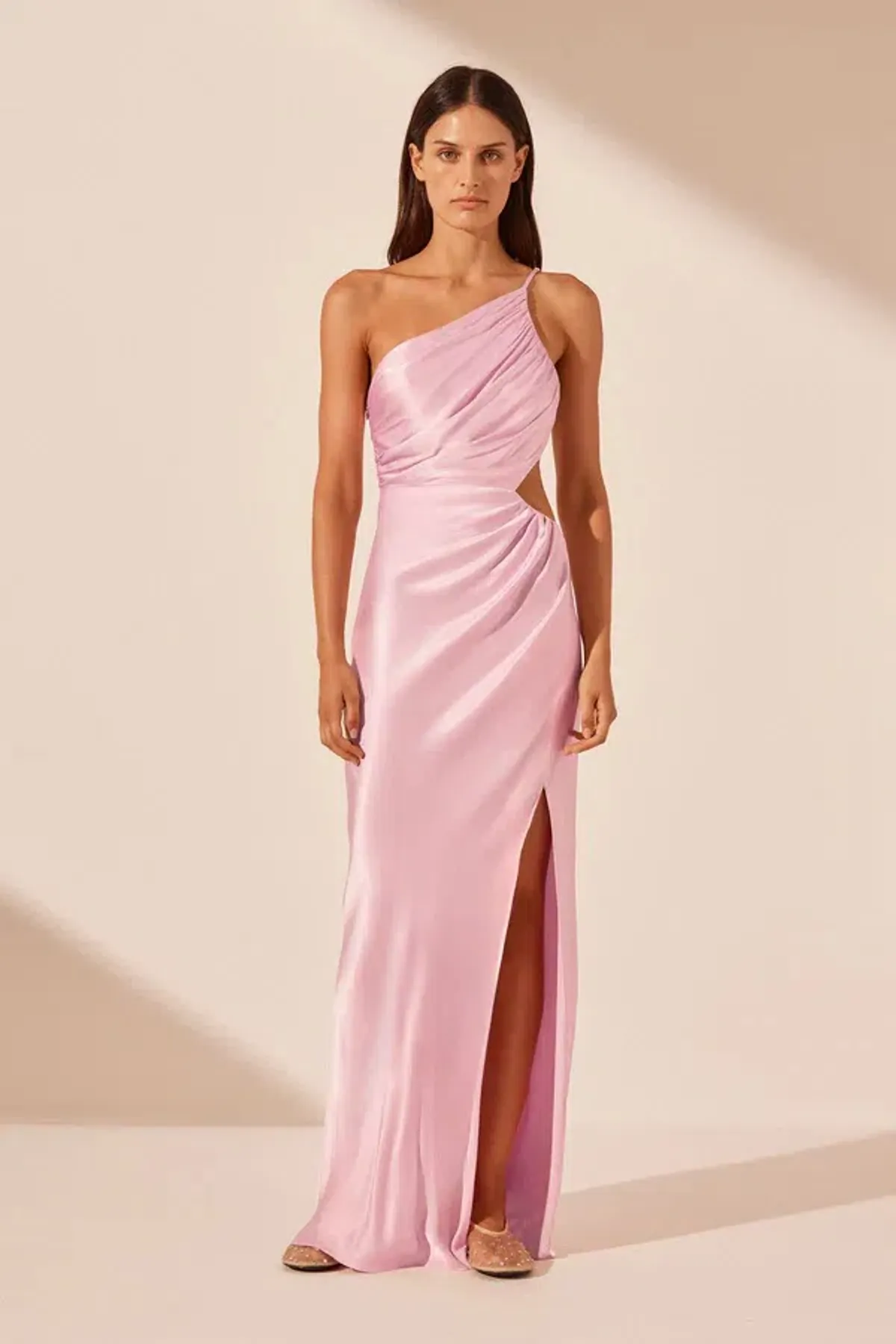 Shona Joy La Lune Asymmetrical Gathered Maxi Dress in Peony Size AU 10 - Image 1