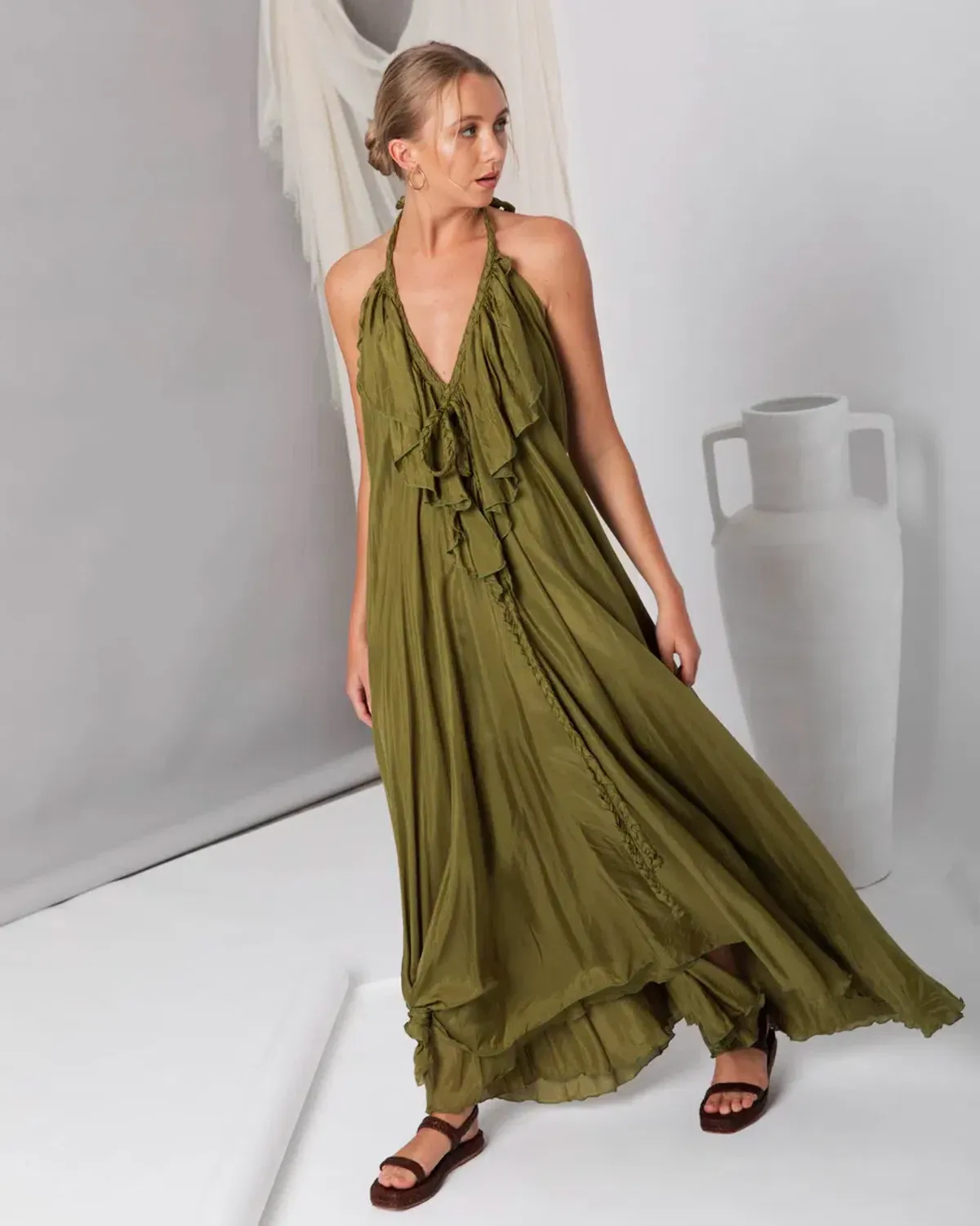 Lisa Brown Poppy Silk Maxi Dress One Size  - Image 1