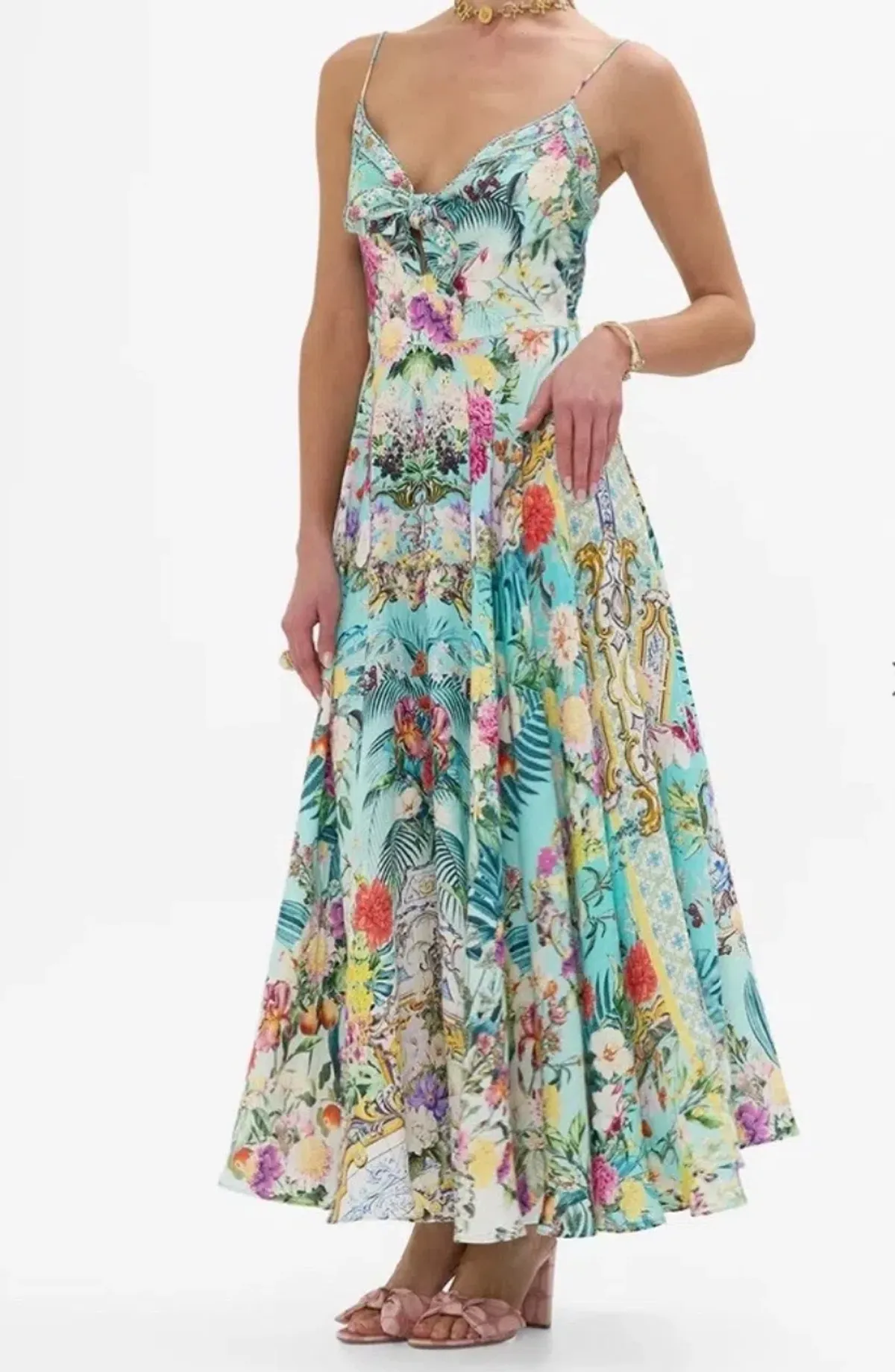Camilla Gardens Of Queluz Long Dress With Tie Front  Multi Print Size XS / AU 8 - Image 1