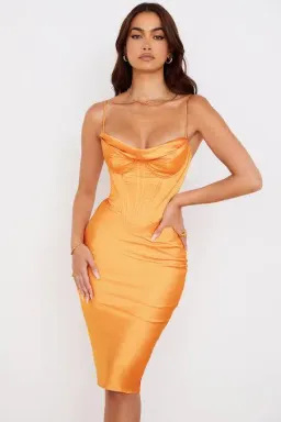 House of CB Myrna Tangerine Satin Corset Midi Dress Size 8 for rent on The Volte - image 1