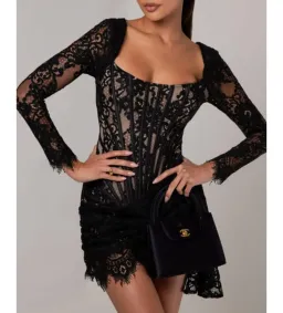 Heiress Beverly Hills Long Sleeve Lace Corset Draped Mini Dress Black Size XL/AU 14 for rent on The Volte - image 3