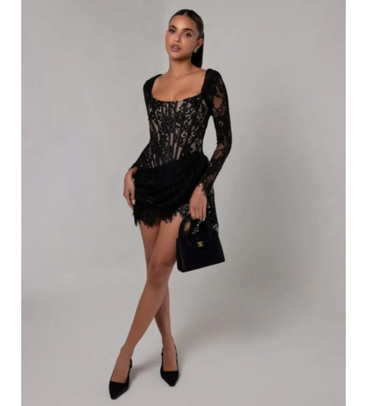 Heiress Beverly Hills Long Sleeve Lace Corset Draped Mini Dress Black Size XL/AU 14 - Image 2