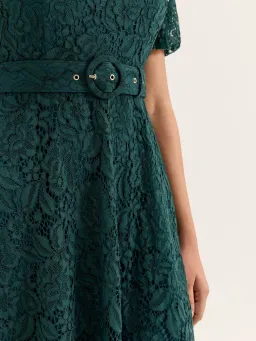 Review Emerald Short Puff Sleeves Avette Lace Knee Length Dress Green Size 12 for rent on The Volte - image 5
